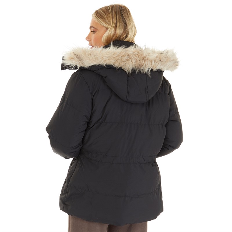 Closure London Womens Adjustable Waist Fur Hood Puffer Jacket Black