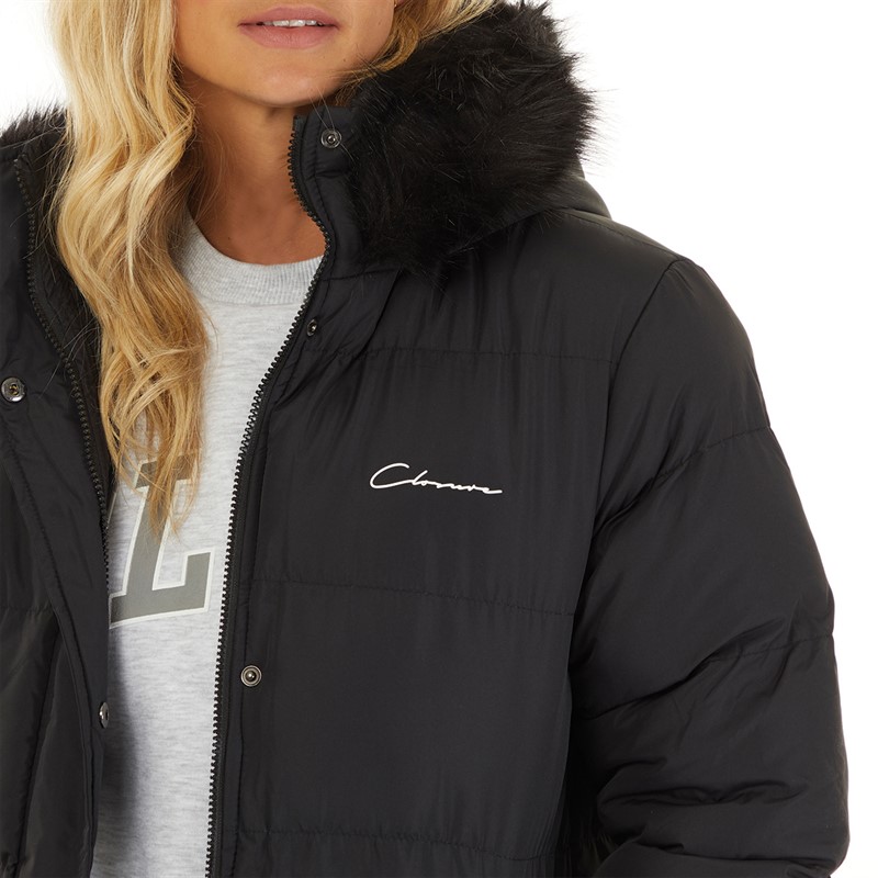 Closure London Womens Longline Faux Fur Parka With Hood Black