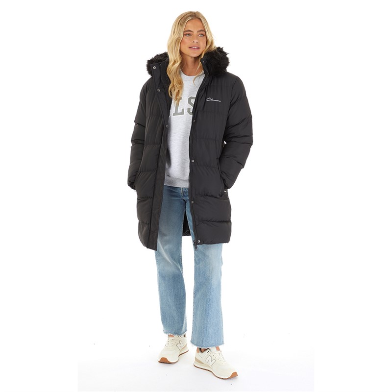 Closure London Womens Longline Faux Fur Parka With Hood Black