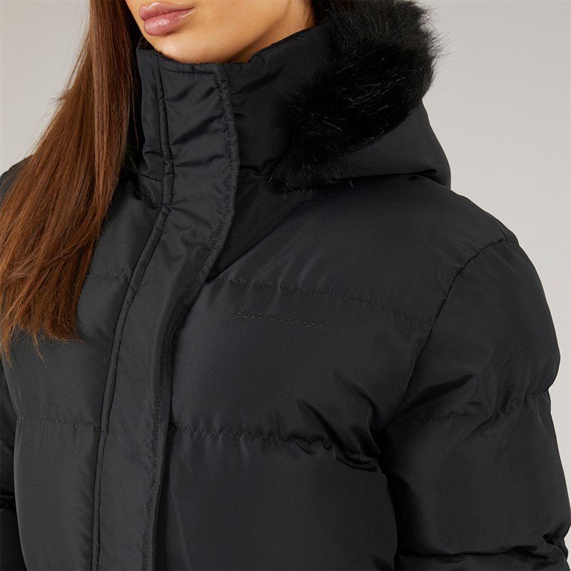 Closure London Damen Lang geschnittenen Kunstpelz Parka mit Kapuze Schwarz