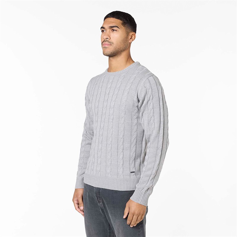 Closure London Mens Cable Knit Crew Neck Jumper Mid Grey