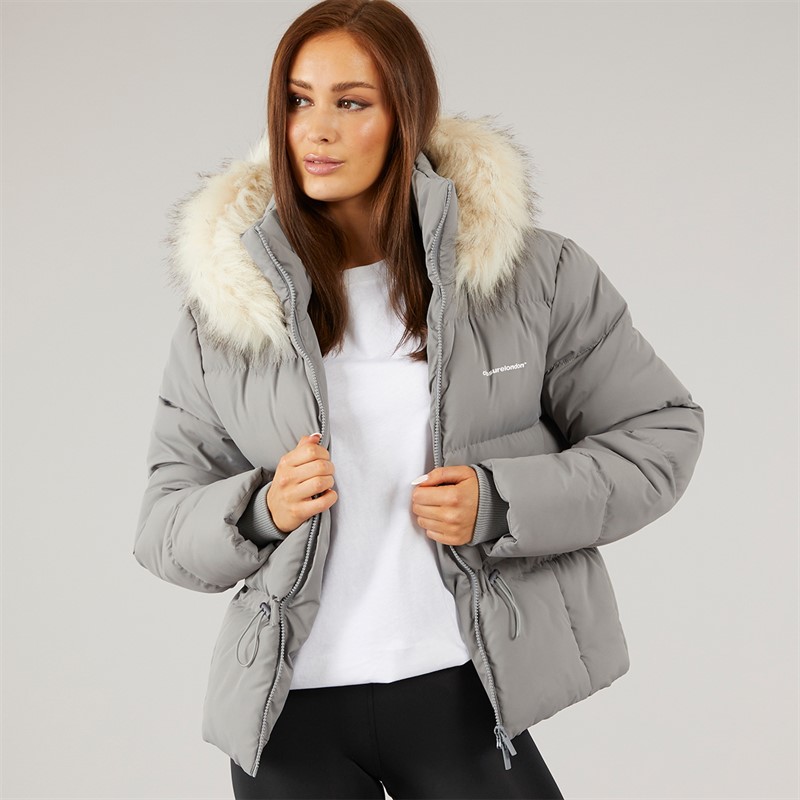 Closure London Damen verstellbarer Bund Puffer mit Pelz Kapuze Schwarz