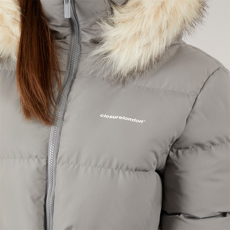 Closure London Damen verstellbarer Bund Puffer mit Pelz Kapuze Schwarz