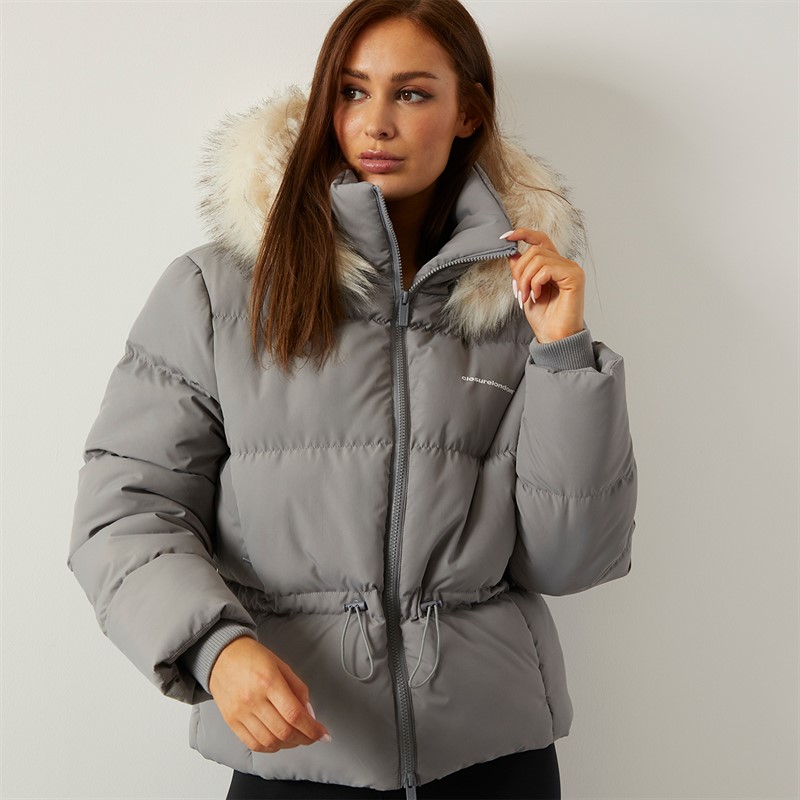 Closure London Damen verstellbarer Bund Puffer mit Pelz Kapuze Schwarz