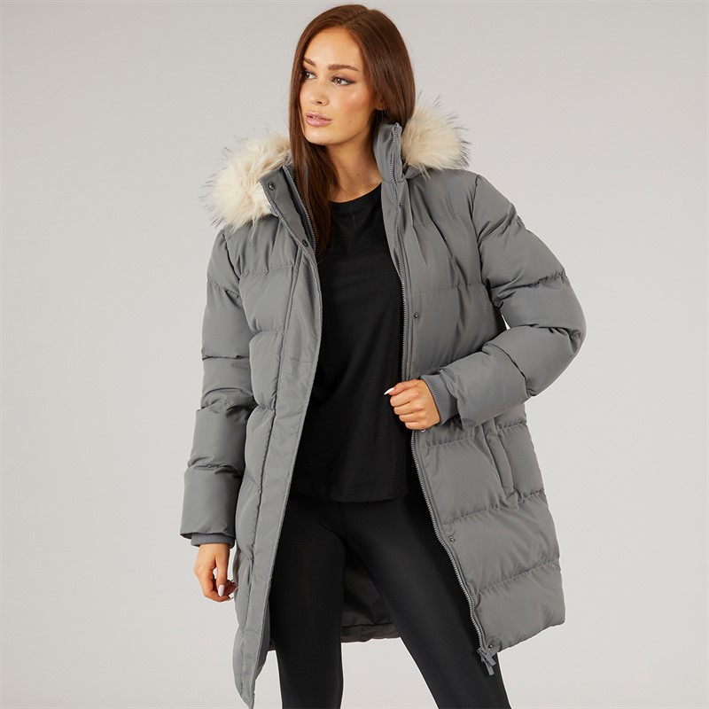 Closure London Damen Longline Kunstfell Parka Mit Kapuze Schiefergrau