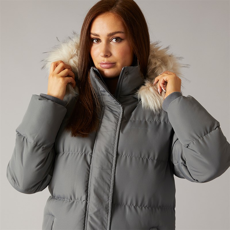 Closure London Damen Longline Kunstfell Parka Mit Kapuze Schiefergrau