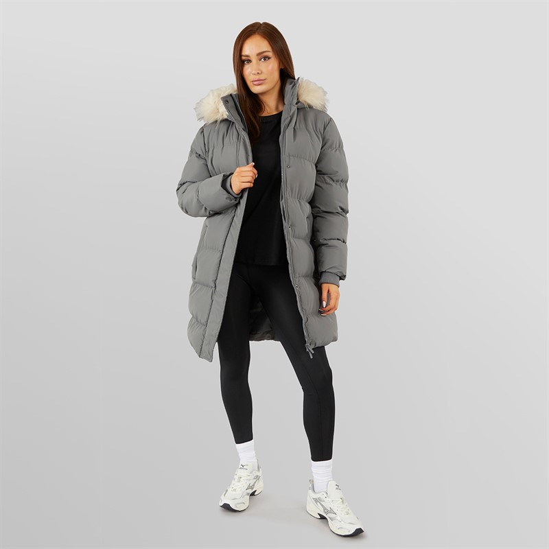 Closure London Damen Longline Kunstfell Parka Mit Kapuze Schiefergrau
