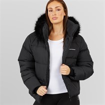 Closure London Dames Verstelbare Taille Puffer Jas Met Bontkraag Zwart