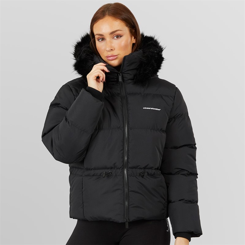 Closure London Damen verstellbarer Bund Puffer mit Pelz Kapuze Charcoal