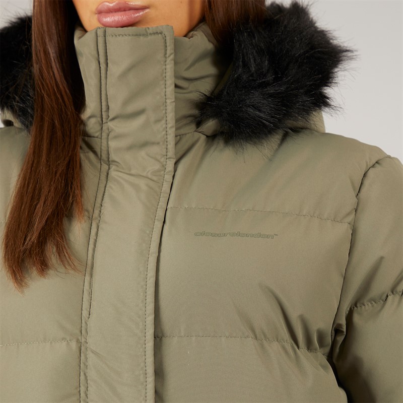 Closure London Womens Longline Faux Fur Parka With Hood Olive