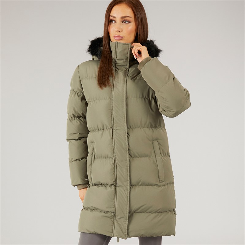 Closure London Womens Longline Faux Fur Parka With Hood Olive