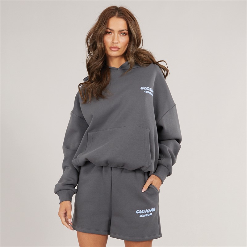 Closure London Womens Bubble Hoodie And Shorts Set Charcoal/Powder Blue