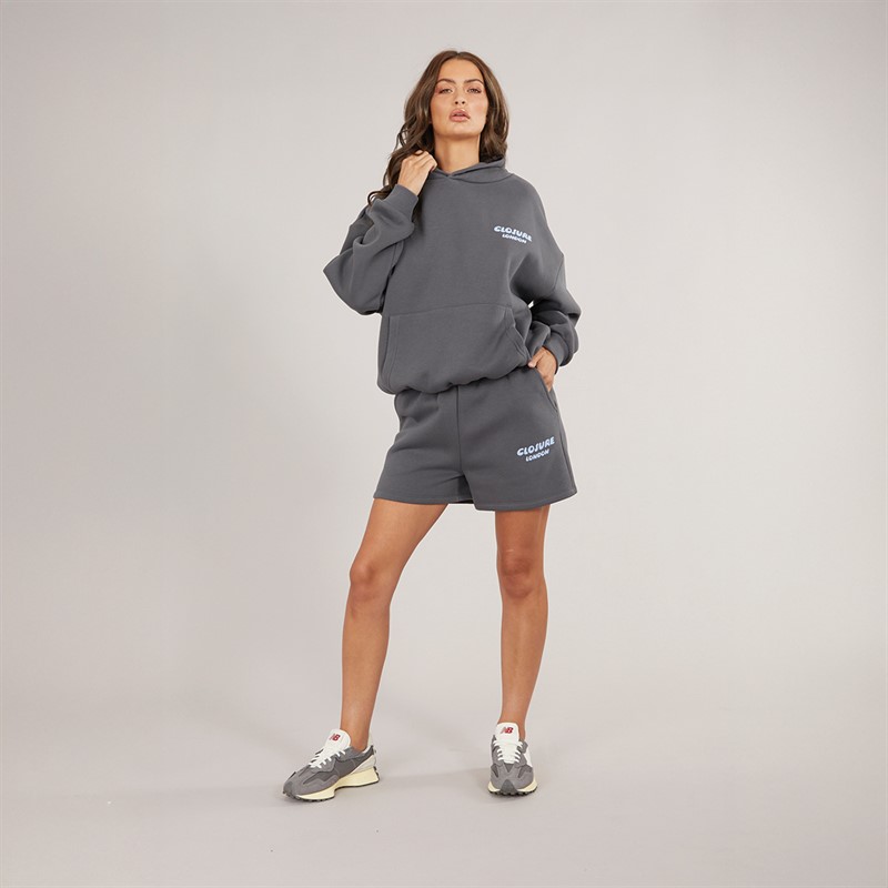 Closure London Womens Bubble Hoodie And Shorts Set Charcoal/Powder Blue