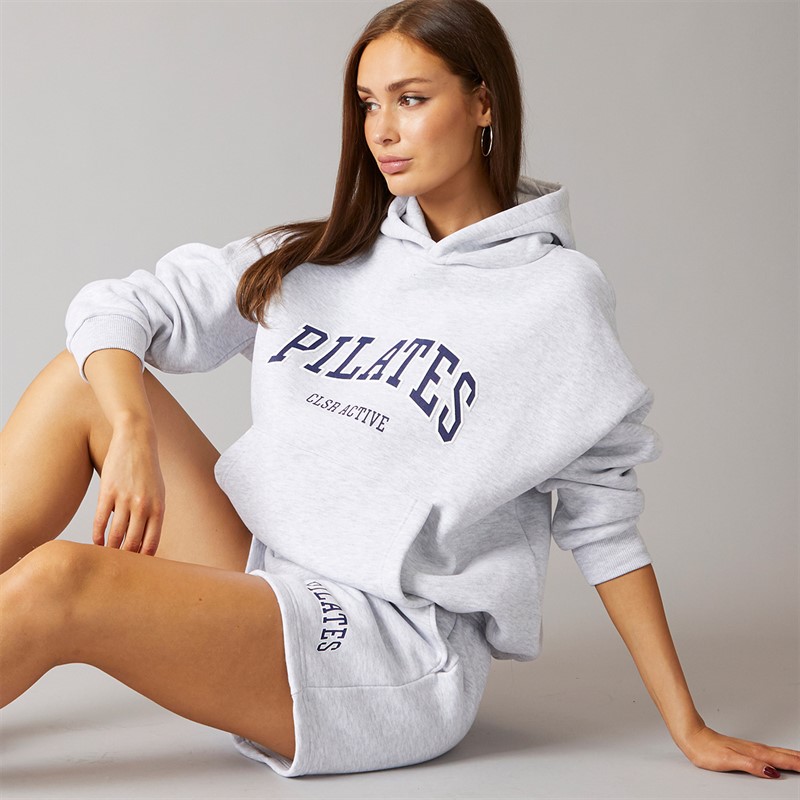 Womens Closure Pilates Hoodie And Shorts Set Light Grey Marl/Navy - Size 6