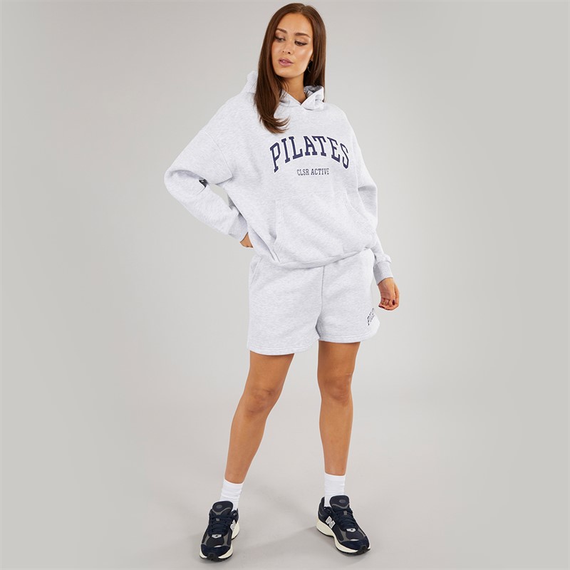 Closure London Womens Closure Pilates Hoodie And Shorts Set Light Grey Marl/Navy
