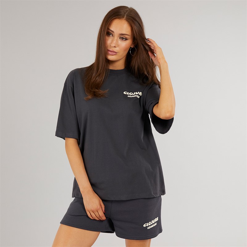 Closure London Womens Closure Bubble T-Shirt And Shorts Set Dark Grey/Cream