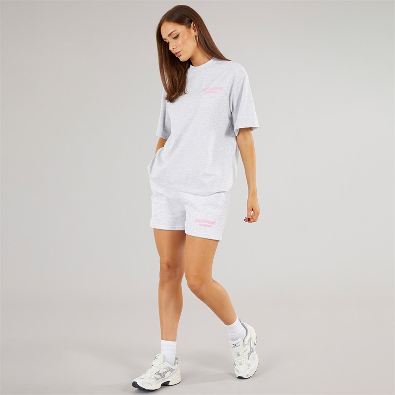 Closure London Womens Closure Bubble T-Shirt And Shorts Set Light Grey Marl/Pink