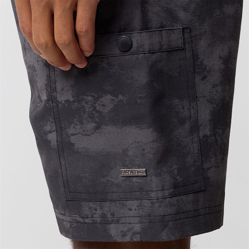 Closure London Mens Ripstop Camo Utility Cargo Shorts Black Camo