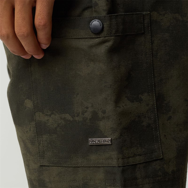 Closure London Mens Ripstop Camo Utility Cargo Shorts Khaki Camo