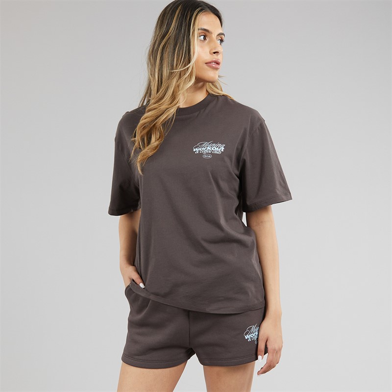 Closure London Womens Workout And Coffee Club T-Shirt And Shorts Co-Ord Set Espresso