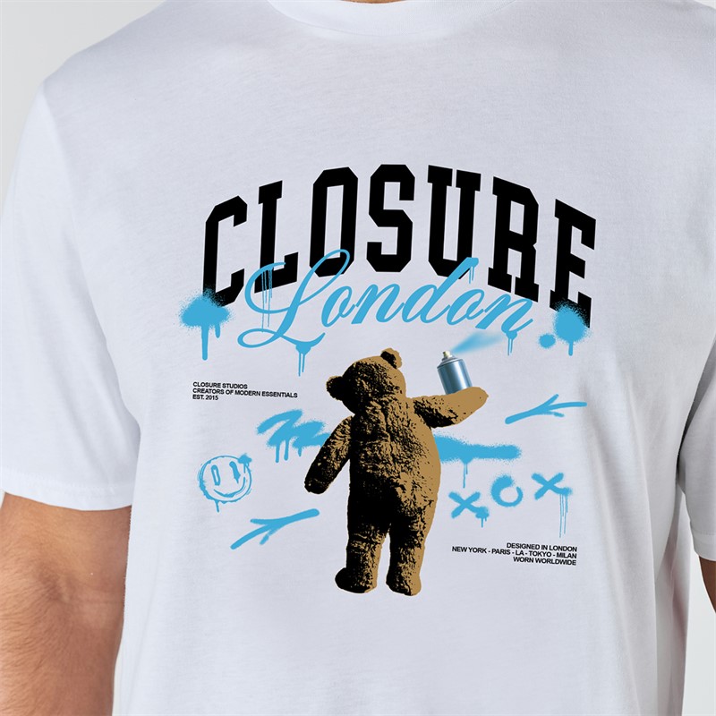 Closure London Mens Closure Spray Paint Teddy T-Shirt White