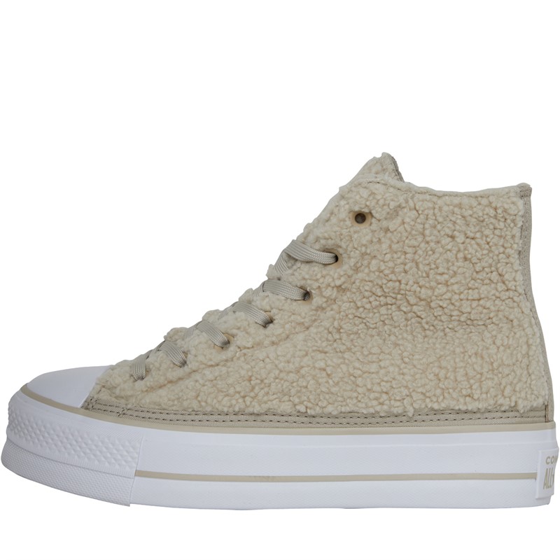 Converse Womens Chuck Taylor All Star Lift Platform Sherpa Hi-Top Trainers Beach Stone/Beach Stone/White
