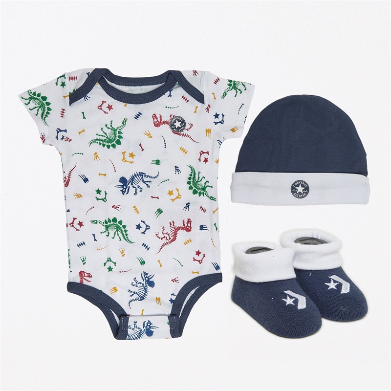 Converse Baby Boys Dinos Three Piece Babygrow Boxed Gift Set White