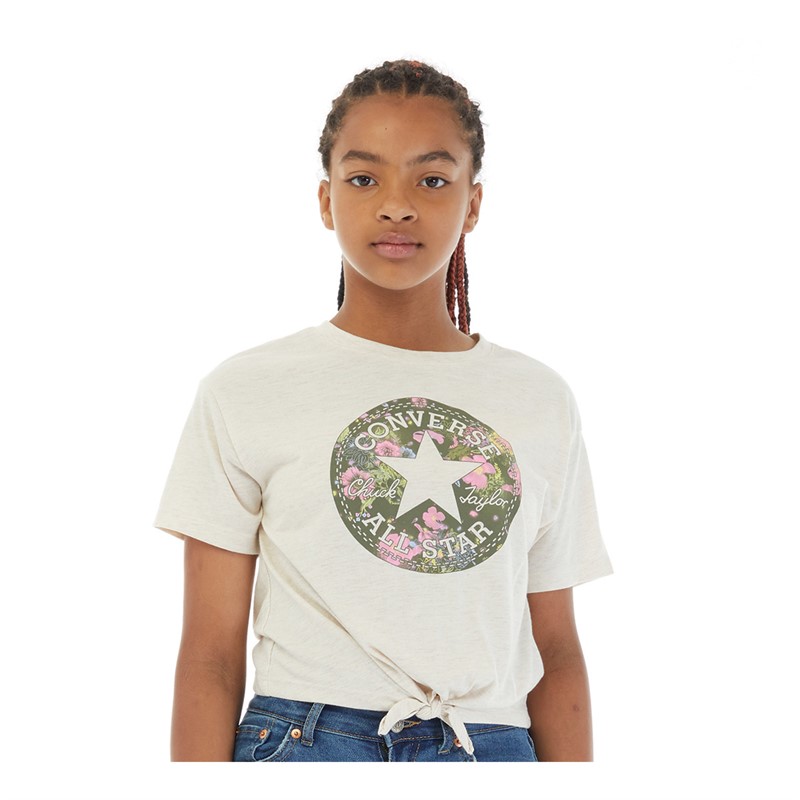 Converse Junior Girls Graphic Tie Front Boxy T-Shirt Natural Ivory Heather