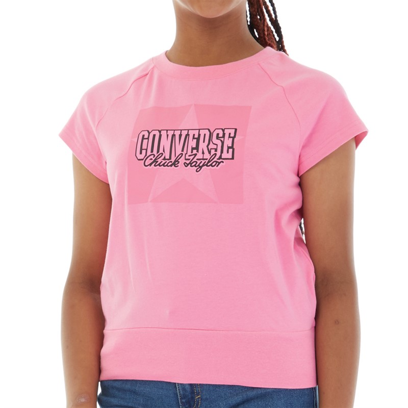 Converse Junior Girls Wide Rib Hem Grahic T-Shirt Oops Pink