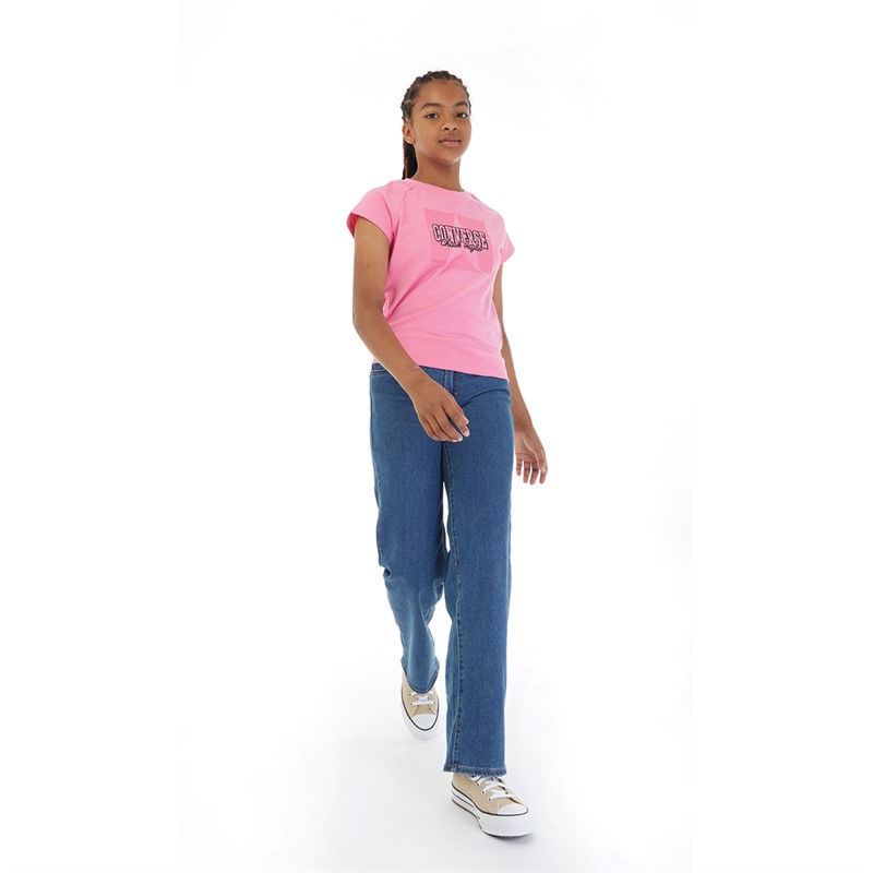 Converse Junior Girls Wide Rib Hem Grahic T-Shirt Oops Pink