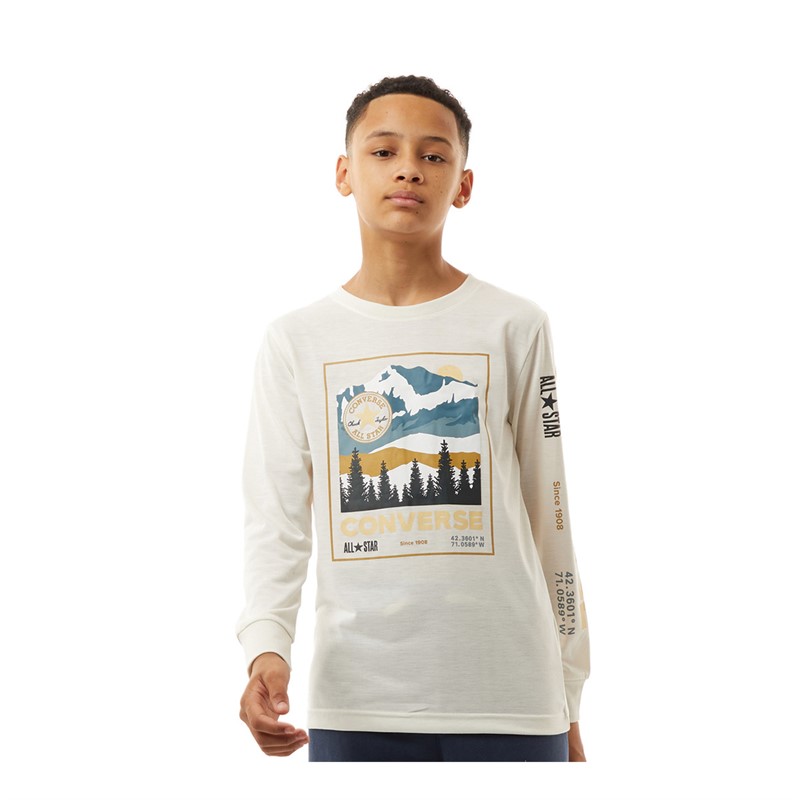 Converse Junior Boys Mountain Box Logo Long Sleeve Top Egret