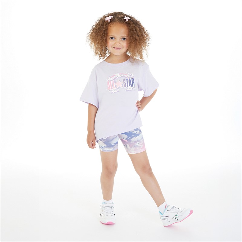 Converse Girls Graphic T-Shirt And Biker Shorts Set Comic Purple