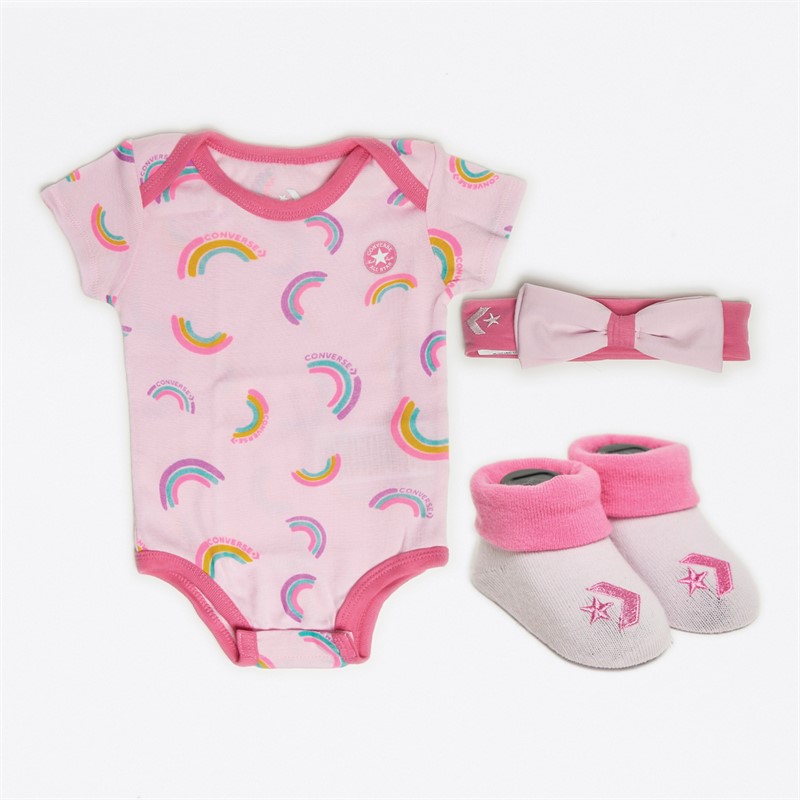 Converse Baby Girls Rainbow Three Piece Babygrow Boxed Gift Set Pink Foam