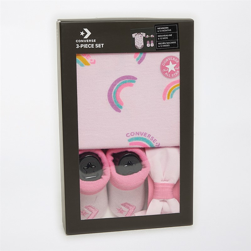 Converse Baby Girls Rainbow Three Piece Babygrow Boxed Gift Set Pink Foam