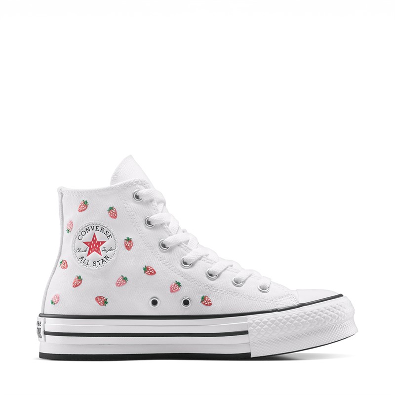 Converse Junior Girls Chuck Taylor All Star Lift Platform Hi Embroidered Strawberries Trainers White/Soft Red/Watermelon Pink - Size 6