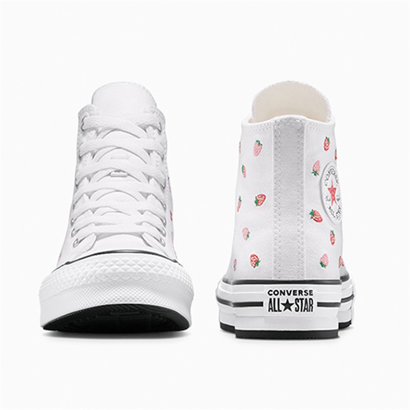 Converse Junior Girls Chuck Taylor All Star Lift Platform Hi Embroidered Strawberries Trainers White/Soft Red/Watermelon Pink