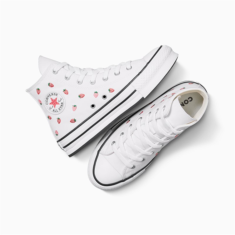 Converse Junior Girls Chuck Taylor All Star Lift Platform Hi Embroidered Strawberries Trainers White/Soft Red/Watermelon Pink