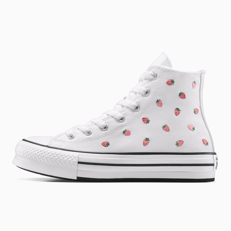 Converse Junior Girls Chuck Taylor All Star Lift Platform Hi Embroidered Strawberries Trainers White/Soft Red/Watermelon Pink