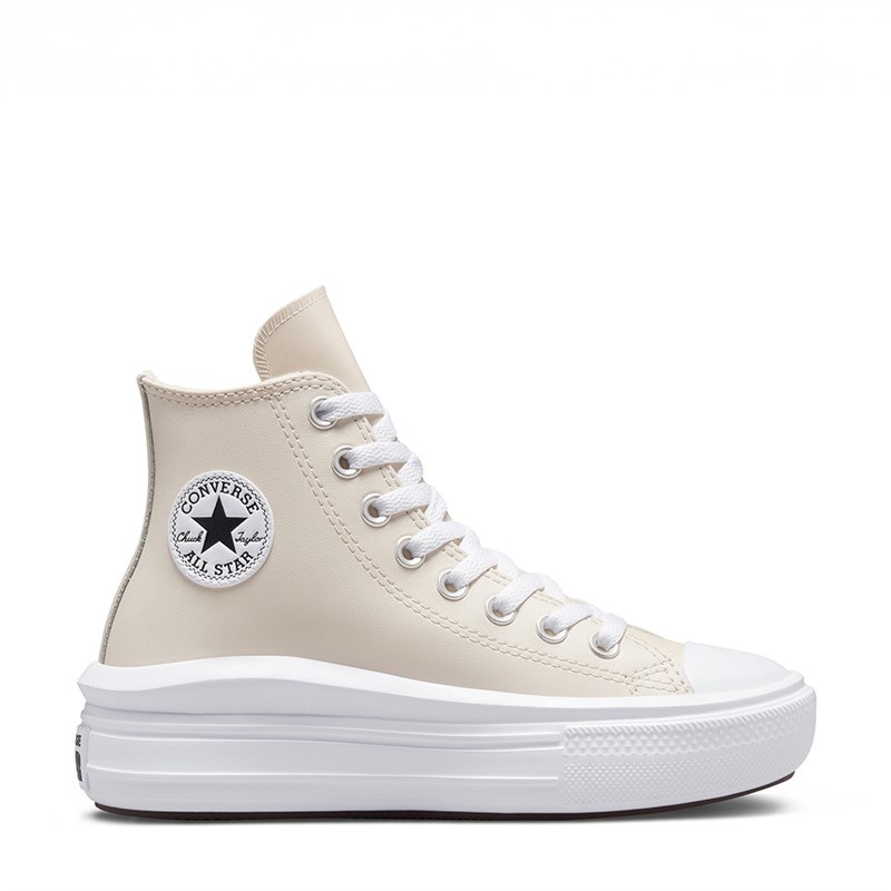 Converse Junior Chuck Taylor All Star Move Hi Coated Leather Trainers Desert Sand/Black/White