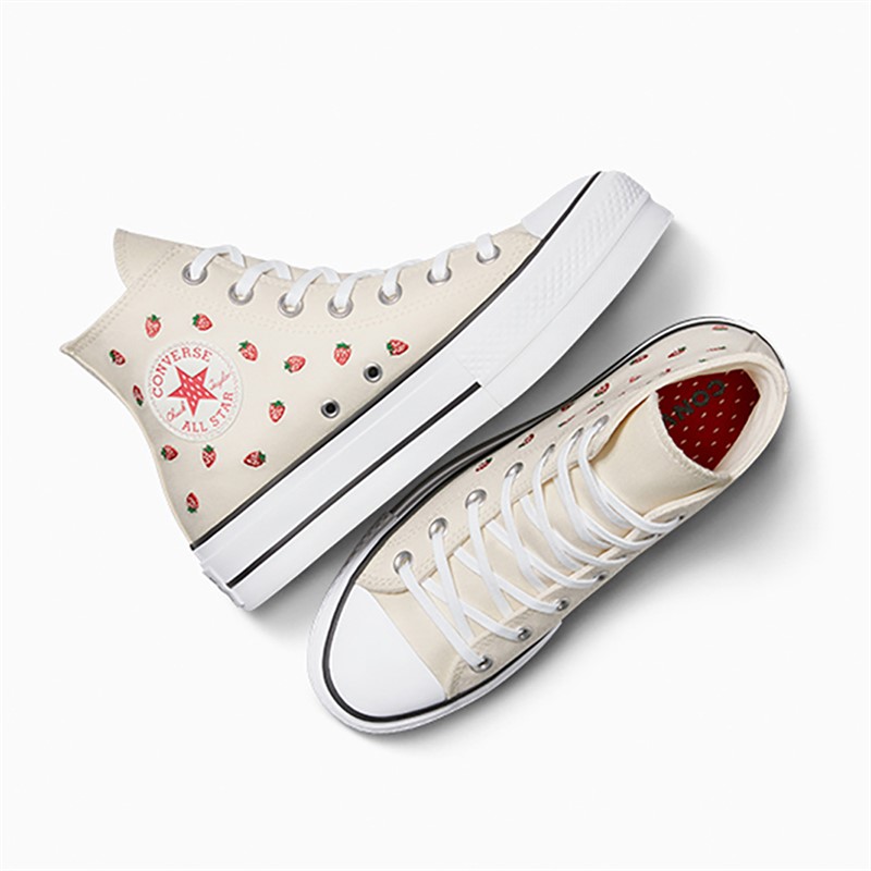 Converse Womens Chuck Taylor All Star Lift Platform Hi Embroidered Strawberries Trainers Egret/Soft Red/White
