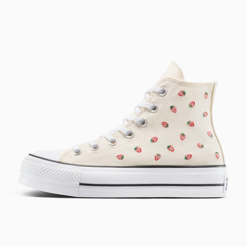 Converse Womens Chuck Taylor All Star Lift Platform Hi Embroidered Strawberries Trainers Egret/Soft Red/White