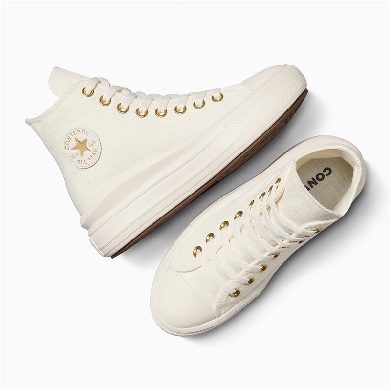 Converse Junior Chuck Taylor All Star Move Hi Tonal Canvas Trainers Egret/Metallic Light Gold