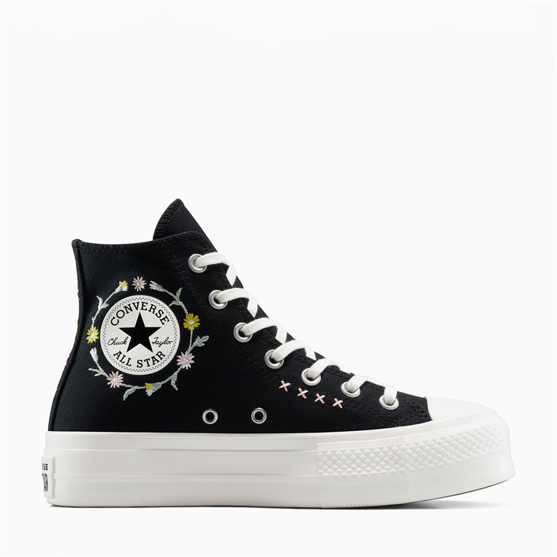 Converse Womens Chuck Taylor All Star Lift Platform Hi Floral Embroidery Trainers Black/Egret/Flamingo Fade