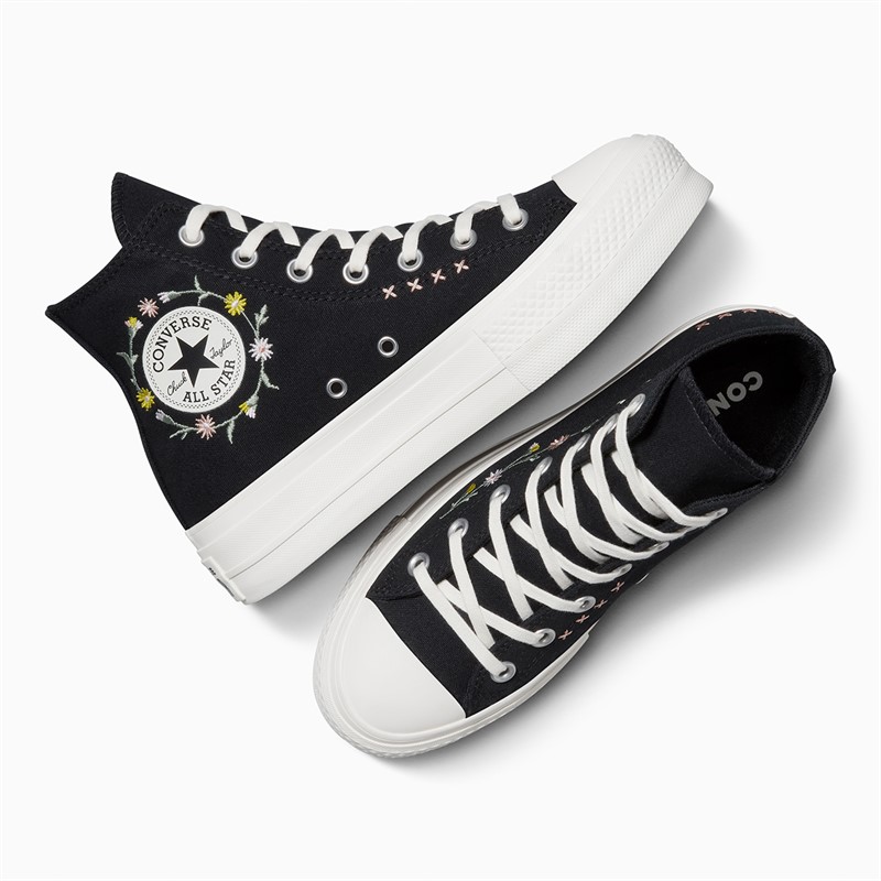 Converse Womens Chuck Taylor All Star Lift Platform Hi Floral Embroidery Trainers Black/Egret/Flamingo Fade