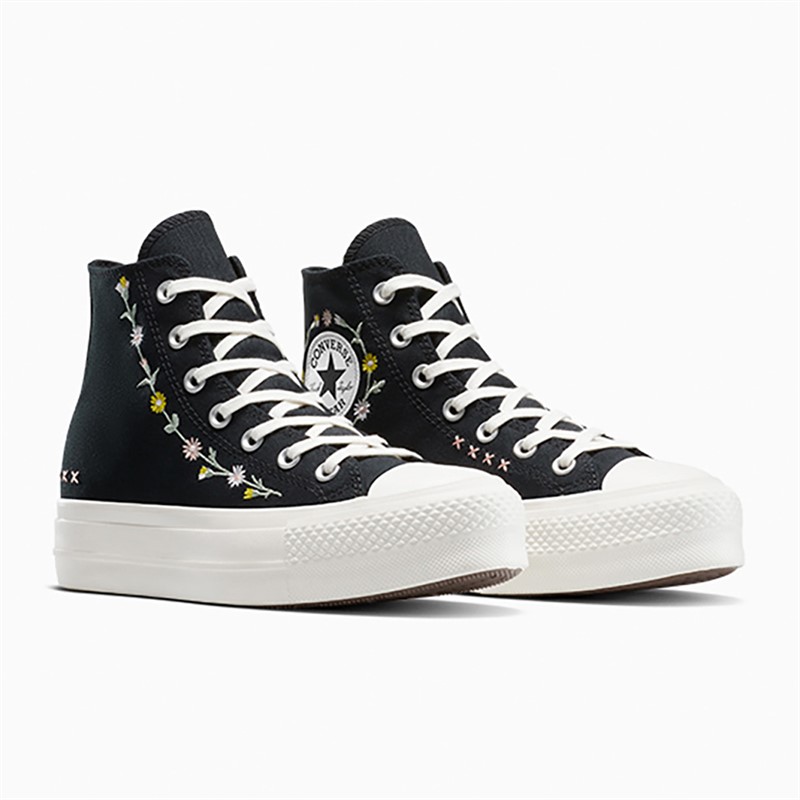 Converse Womens Chuck Taylor All Star Lift Platform Hi Floral Embroidery Trainers Black/Egret/Flamingo Fade