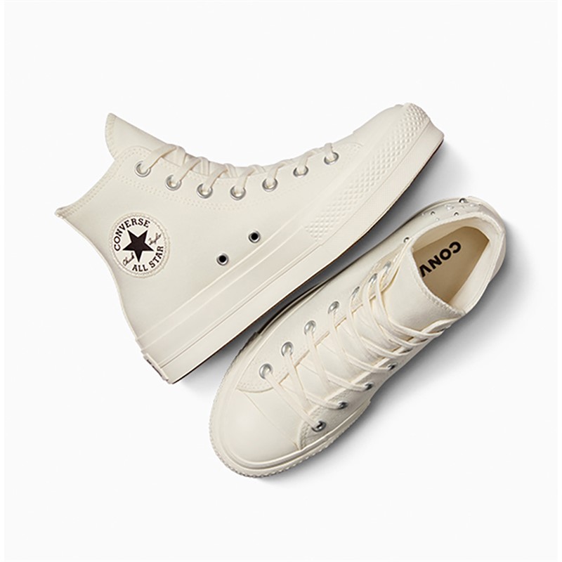 Converse Womens Chuck Taylor All Star Lift Platform Hi Pearls And Studs Trainers Egret/Egret/Black