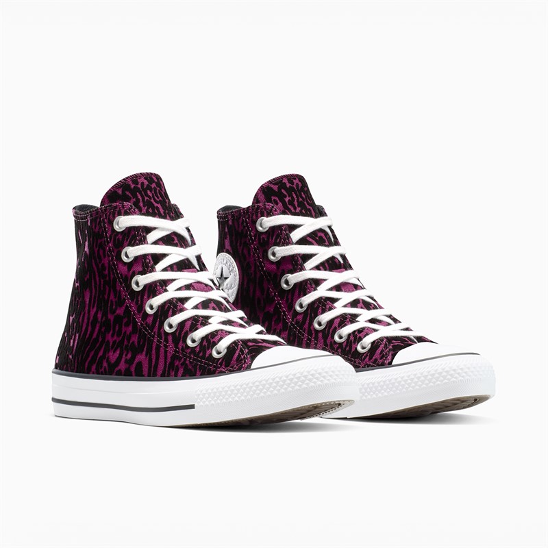 Converse Junior Chuck Taylor All Star Hi Flocked Leopard Print Trainers Frozen Acai/White/Black