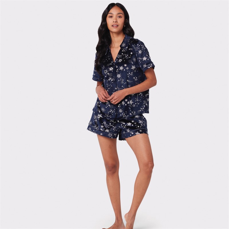 Chelsea Peers Womens Button Up And Shorts Pyjama Set Navy