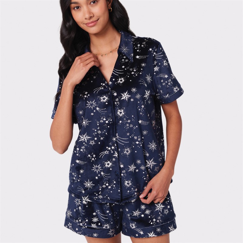 Chelsea Peers Womens Button Up And Shorts Pyjama Set Navy