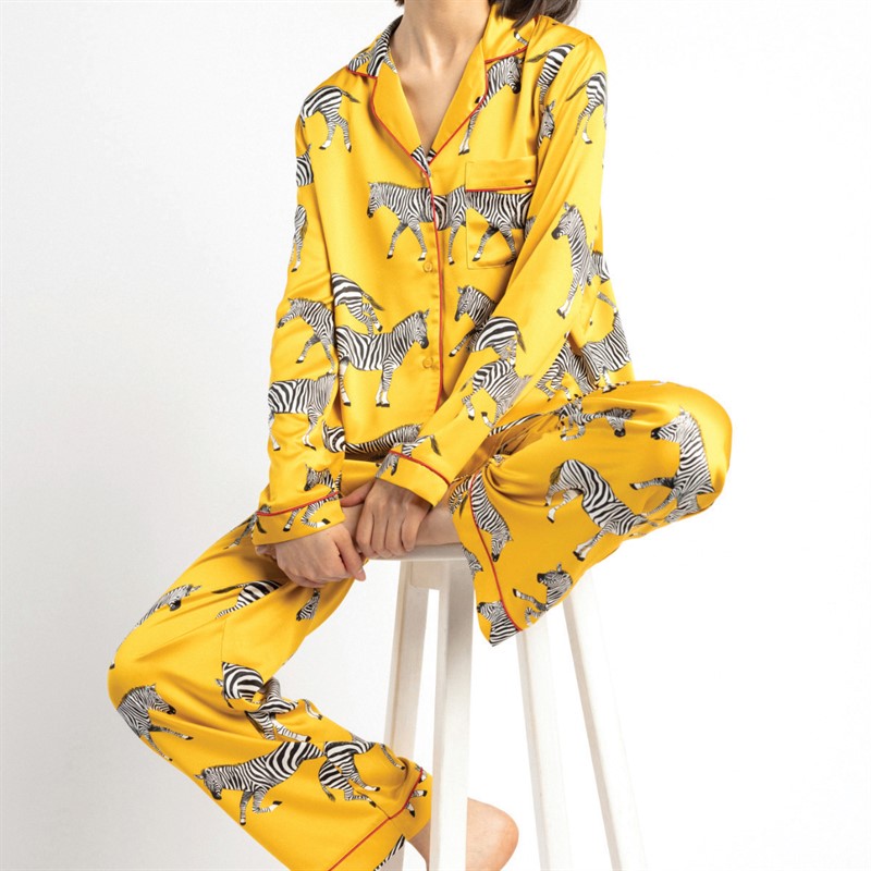 Chelsea Peers Womens Satin Button Up Pyjama Set Mustard